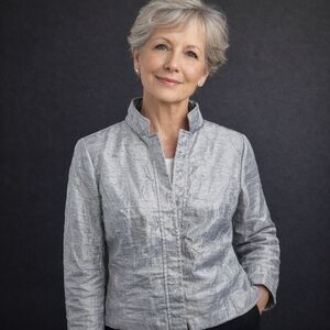 Chicos Sz 2 Jacket Silver Gray Open Blazer Crinkle Elegant Loose Fit